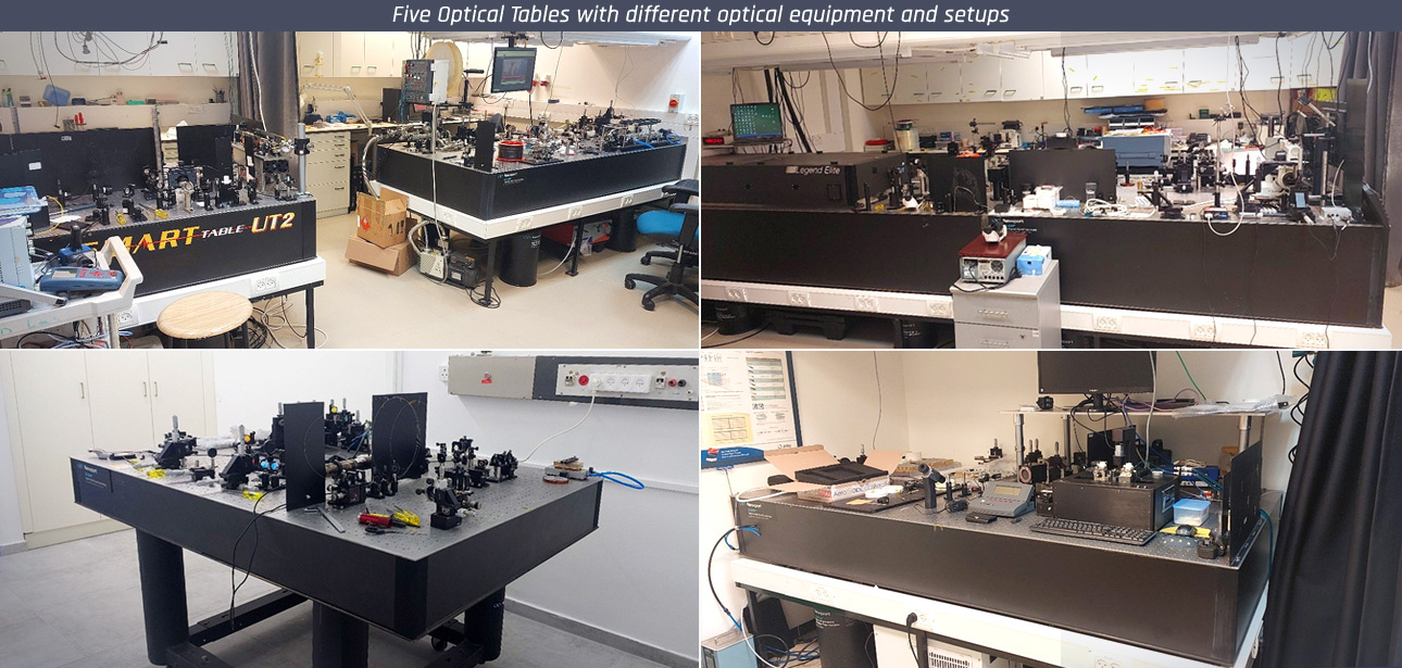 Five Optical Tables with different optical equipment and setups